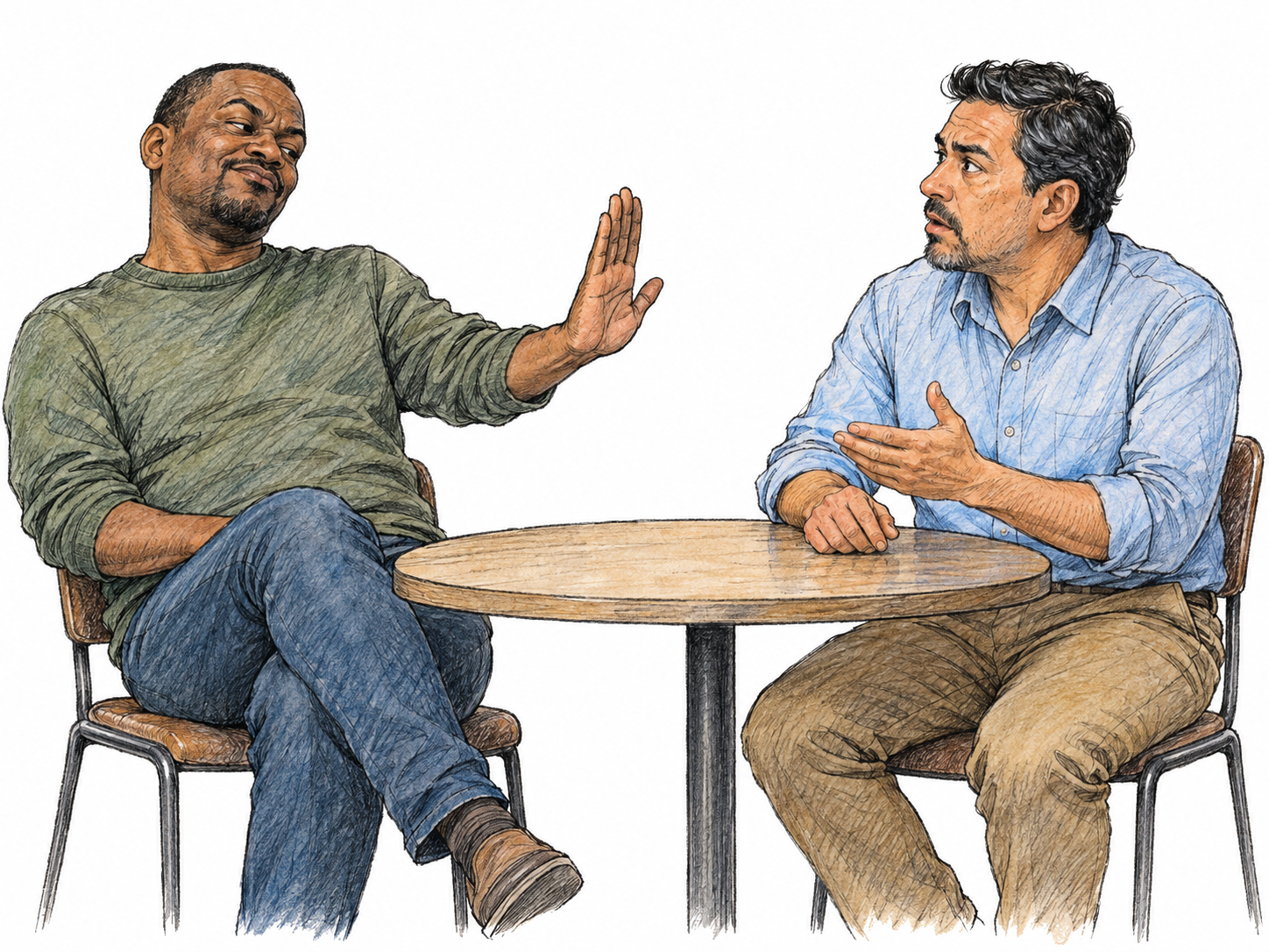 At a sparsely suggested meeting table, a man rudely interrupts a colleague with a mocking smirk and a dismissive palm held toward him.