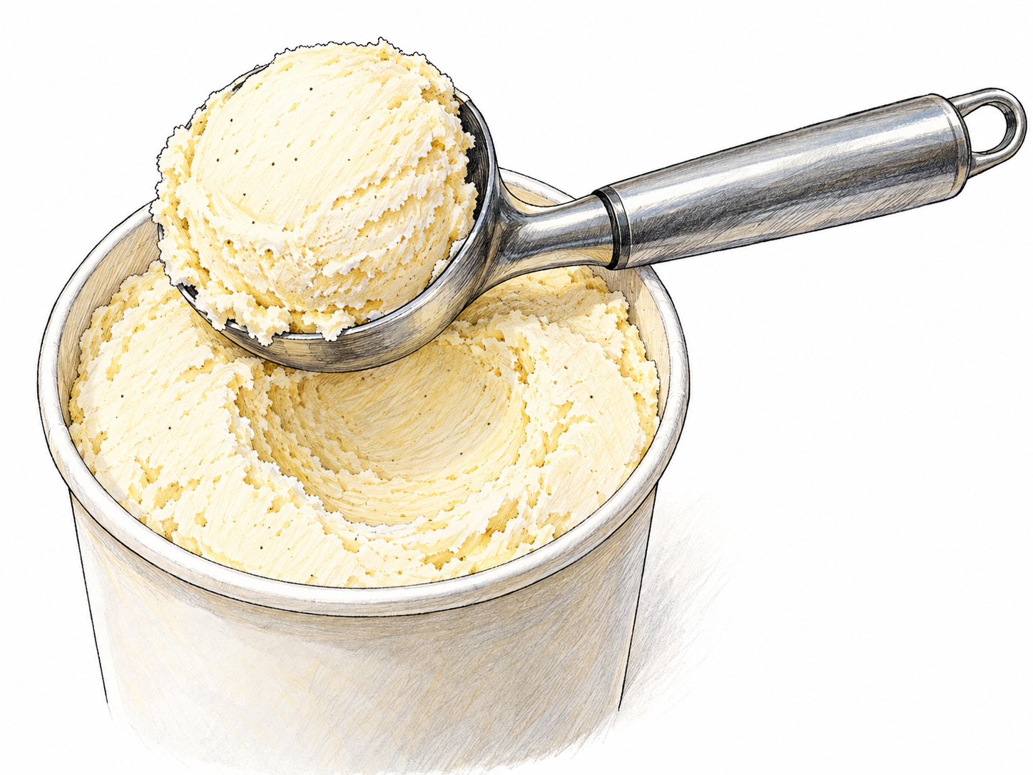 A rounded metal ice-cream scoop holds one rounded portion of vanilla ice cream above an open tub with a matching curved hollow, showing both the utensil and the amount it lifts.