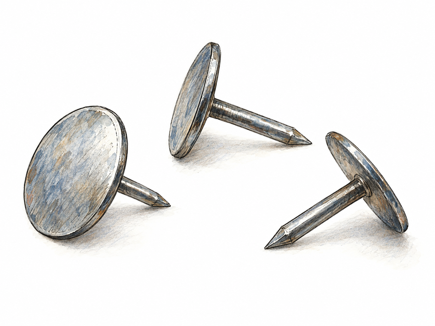 A close-up of three small steel tacks on white ground, showing their broad, flat heads, short slender shafts and sharp points.
