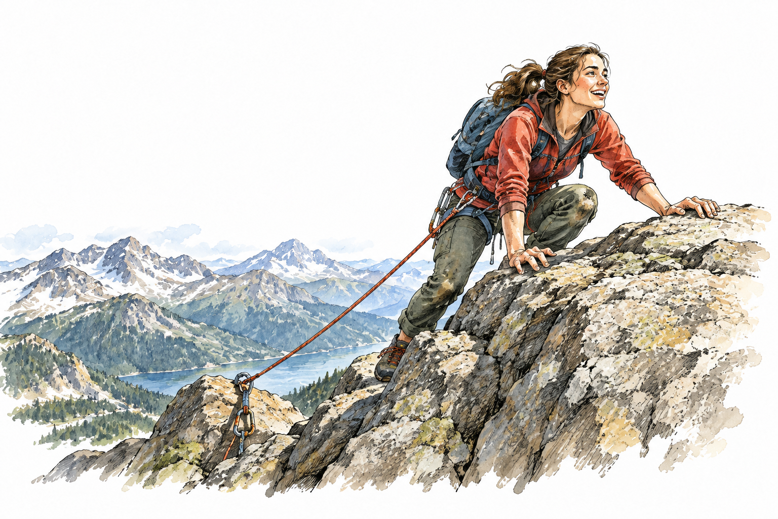 A young woman climber pulls herself onto a summit after difficult climb, rope secured, clear effort and success, no text.