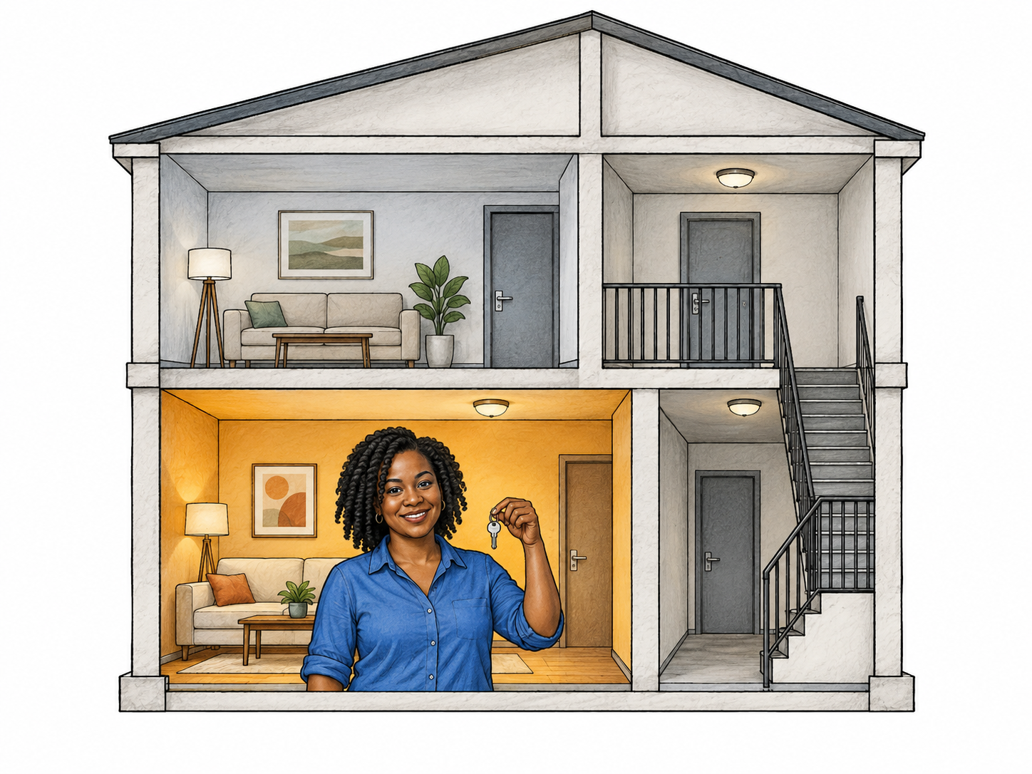 Woman holds key inside one outlined apartment unit within simple cutaway shared building of three distinct units; her unit highlighted warm ochre, common hallway visible.