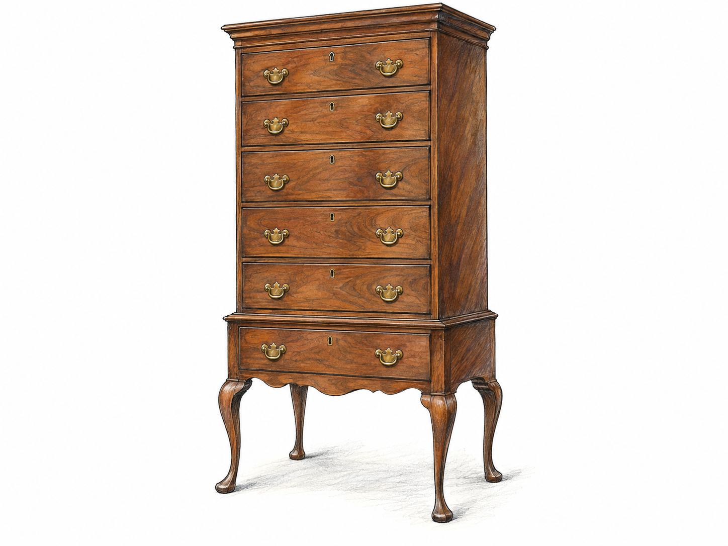 An isolated tall wooden highboy with stacked drawers in an upper chest mounted on a matching drawer base with long curved legs.