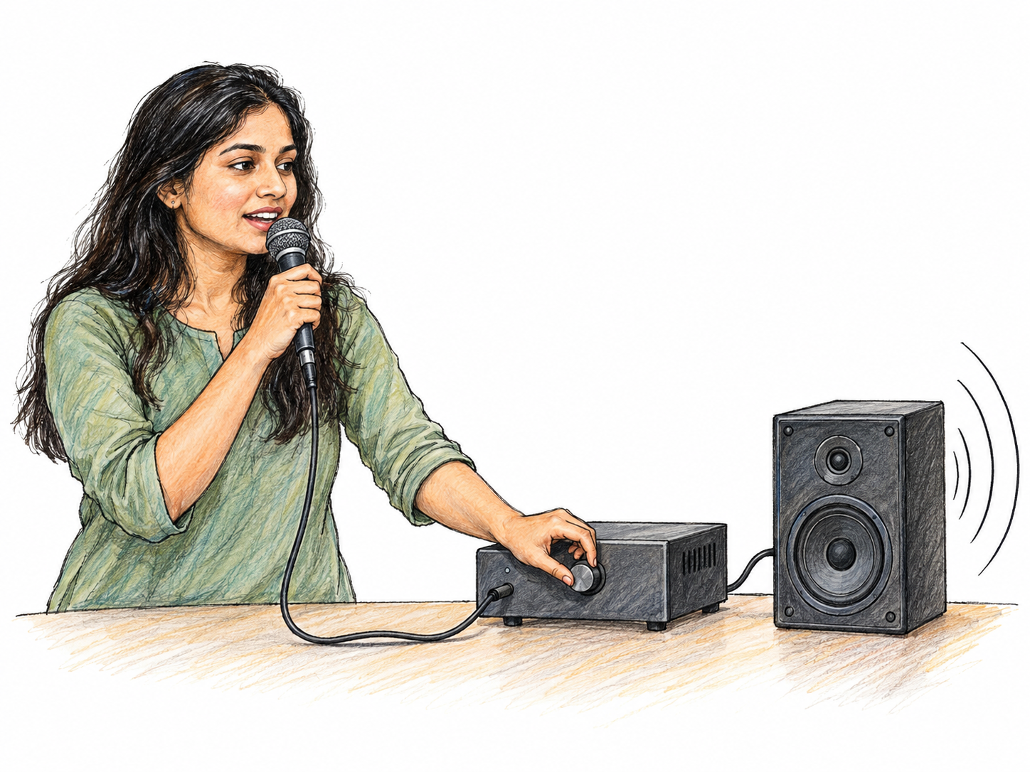 A young adult South Asian woman turns up a compact audio amplifier connected to a microphone and a speaker, making her voice louder.