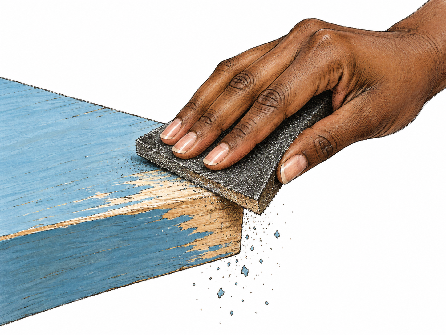 A rough pad rubs against a painted wooden edge, wearing away the surface and leaving fine particles; mechanical abrasion, no injury required.
