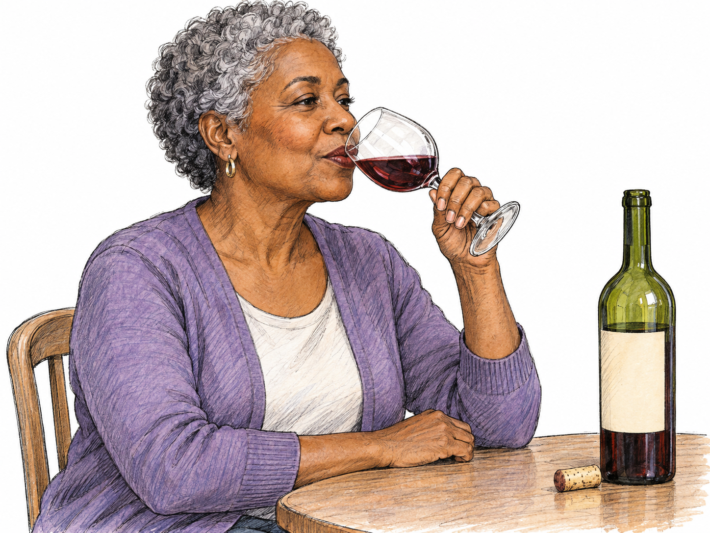 An older woman takes a small sip of red wine from a lightly filled stemmed glass, with a matching wine bottle nearby.