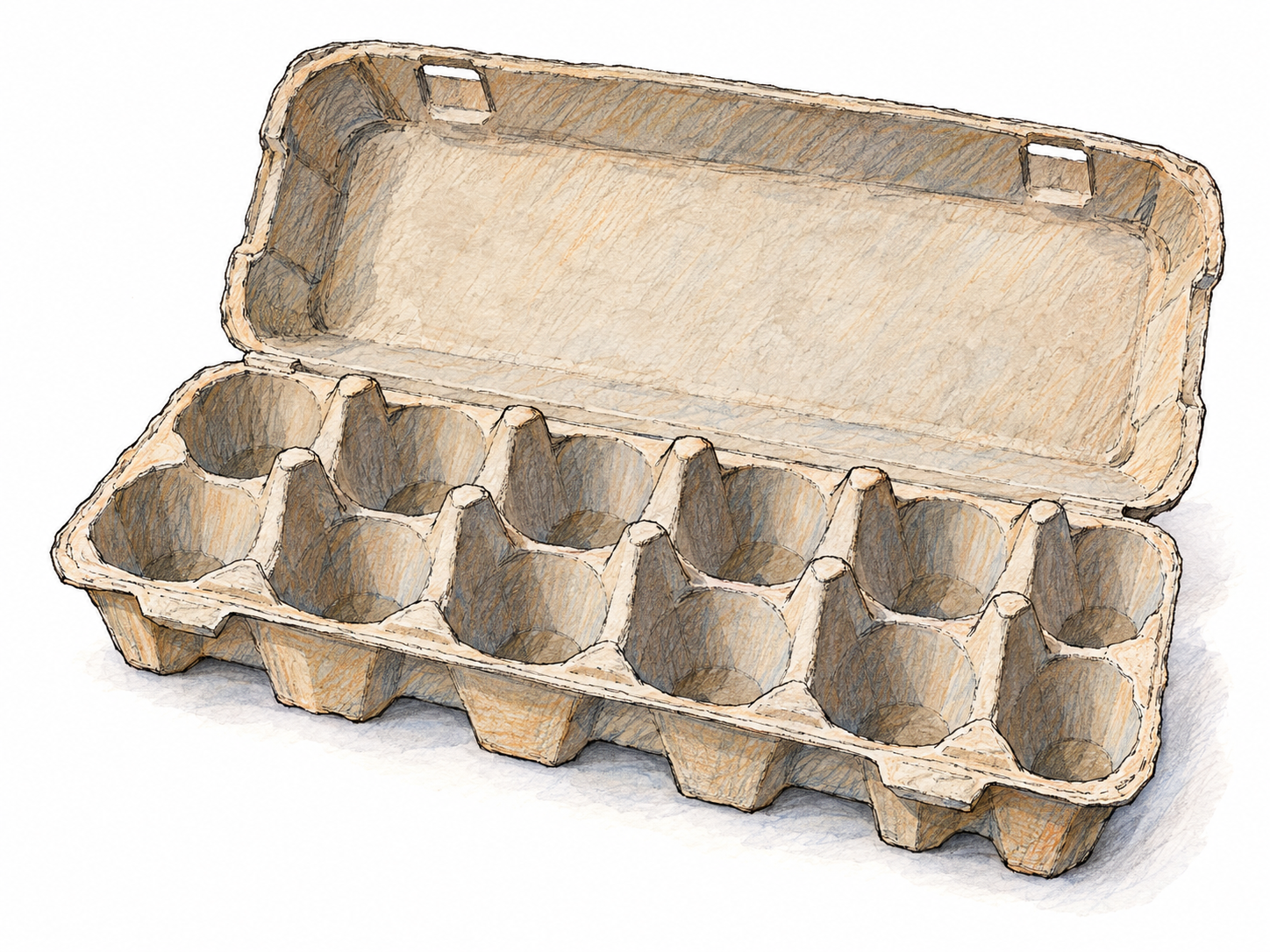 An open, completely empty egg carton with all twelve egg-shaped wells clearly visible: not even one egg remains.
