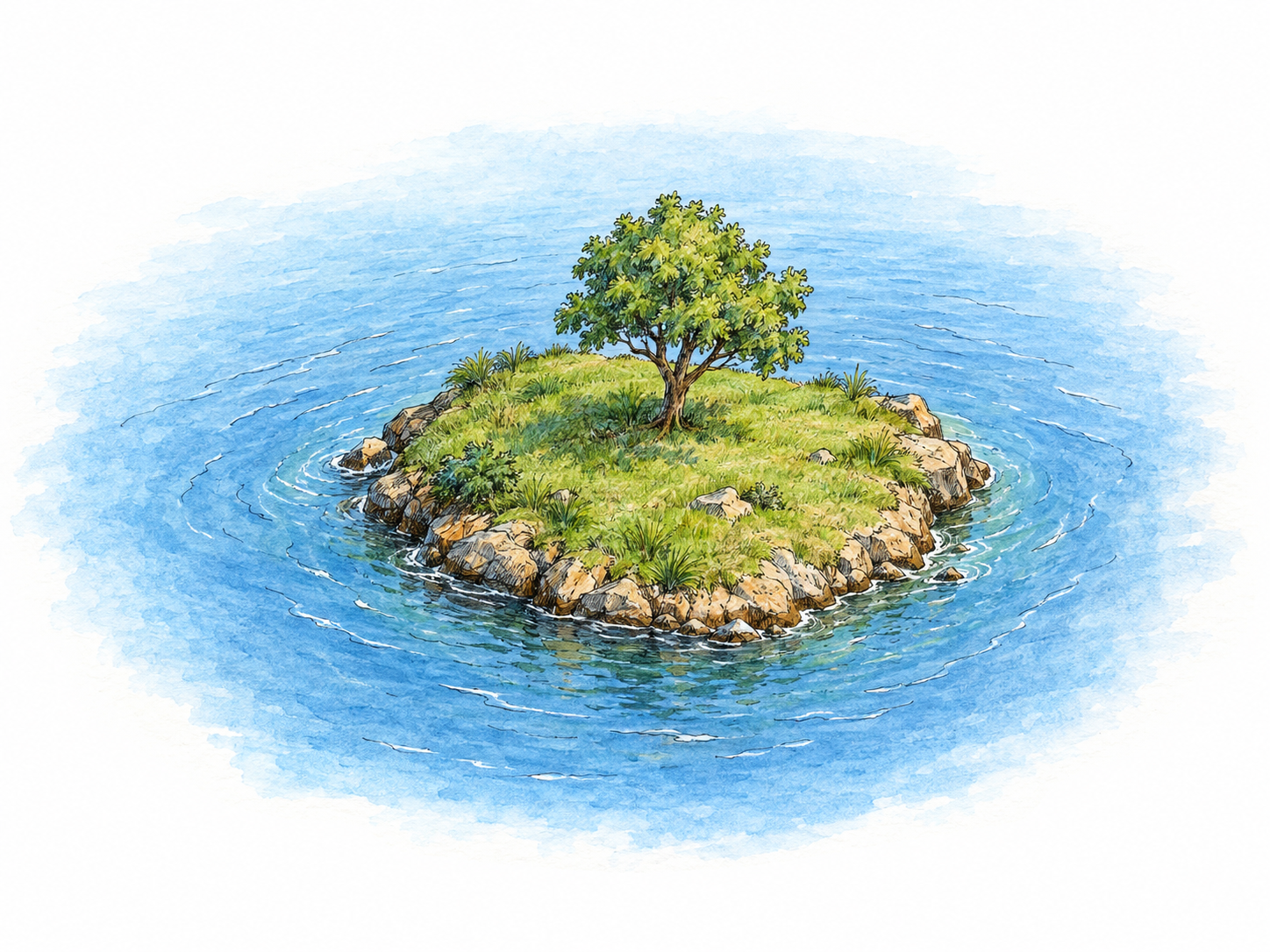 A small grassy island with one tree is completely surrounded by water, seen from a high oblique angle so water visibly continues around every side.