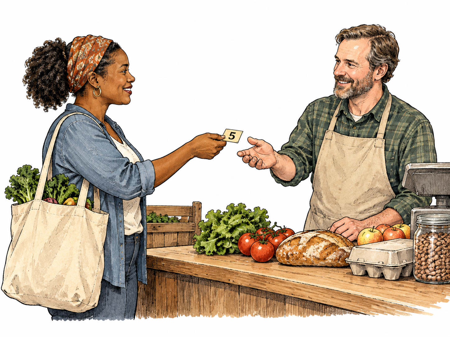 A customer exchanges a simple paper token marked only 5 for groceries at a cooperative counter, token as money substitute, no other labels or writing.