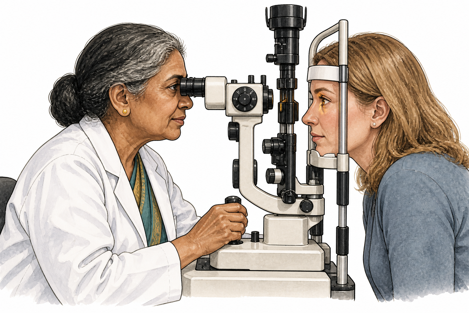 An older South Asian female eye doctor examines a white adult patient at a slit lamp, realistic equipment.