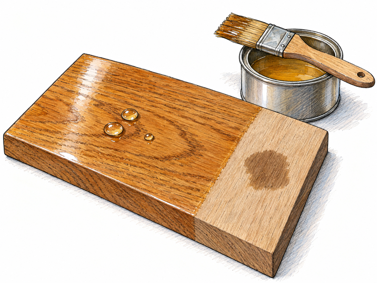 A close view of a wooden tabletop partly coated with clear varnish: the wood grain remains visible beneath the glossy protective layer, with water beading on the finished area and soaking into the unfinished area.