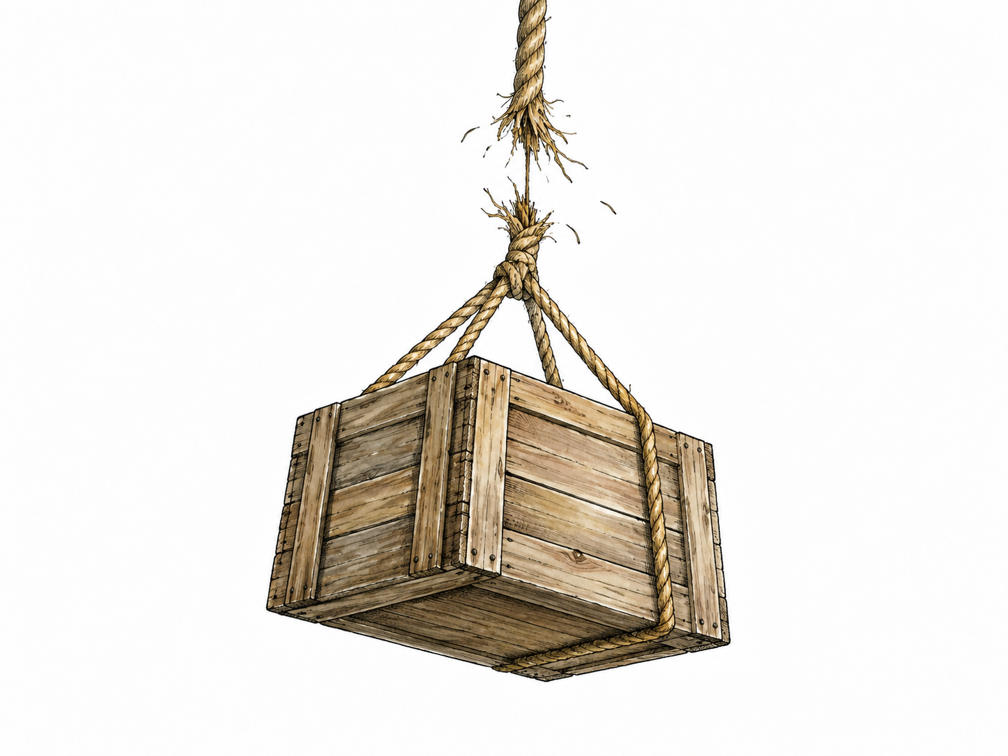 A cracked rope threatens a suspended heavy crate above empty ground, clear danger of loss without injury.