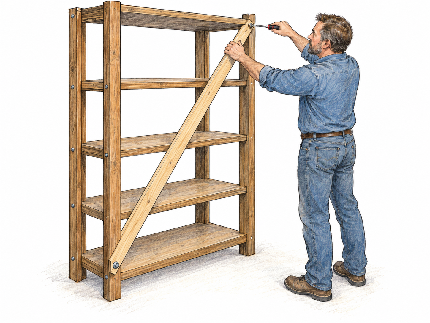 A worker attaches a diagonal wooden brace to a shelving frame.
