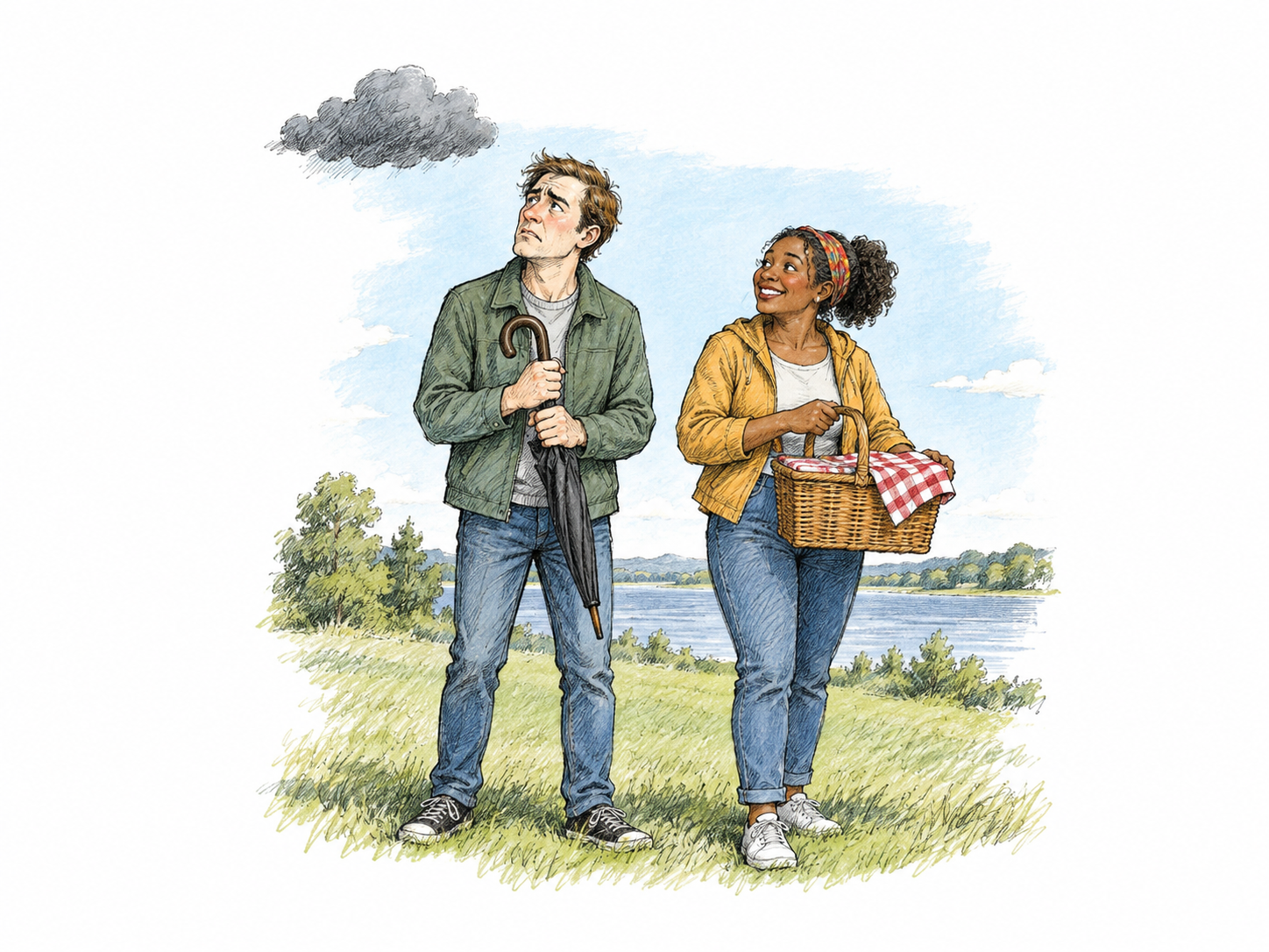 A person preparing for a picnic fixates anxiously on one small dark cloud despite mostly clear sky, clutching a closed umbrella and looking doubtful while a friend holds a ready picnic basket optimistically.