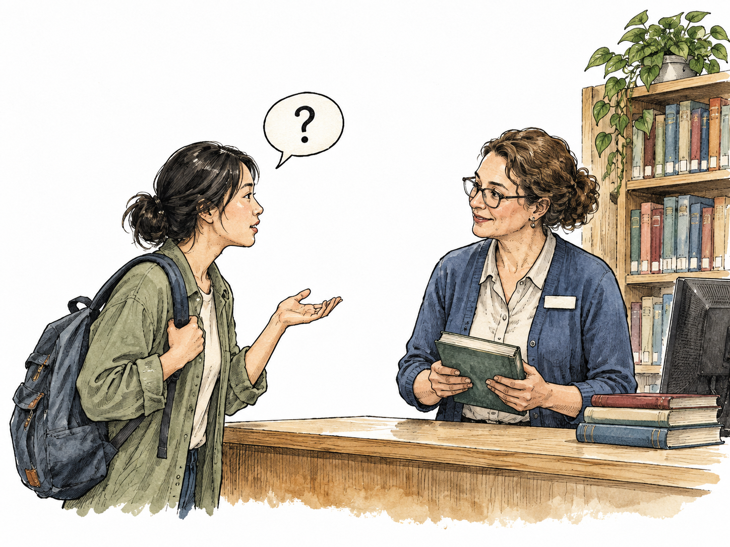 An East Asian customer asks a librarian for information, small speech bubble with a single question mark.