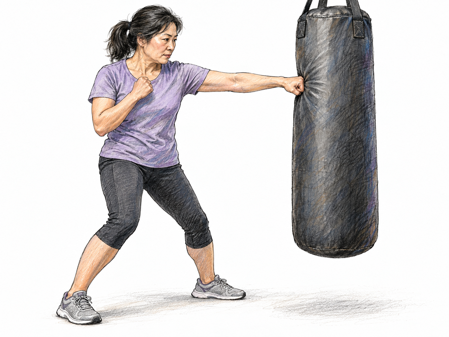 A middle-aged East Asian woman punches a hanging training bag with a closed fist, shown at contact with a small indentation in the bag.