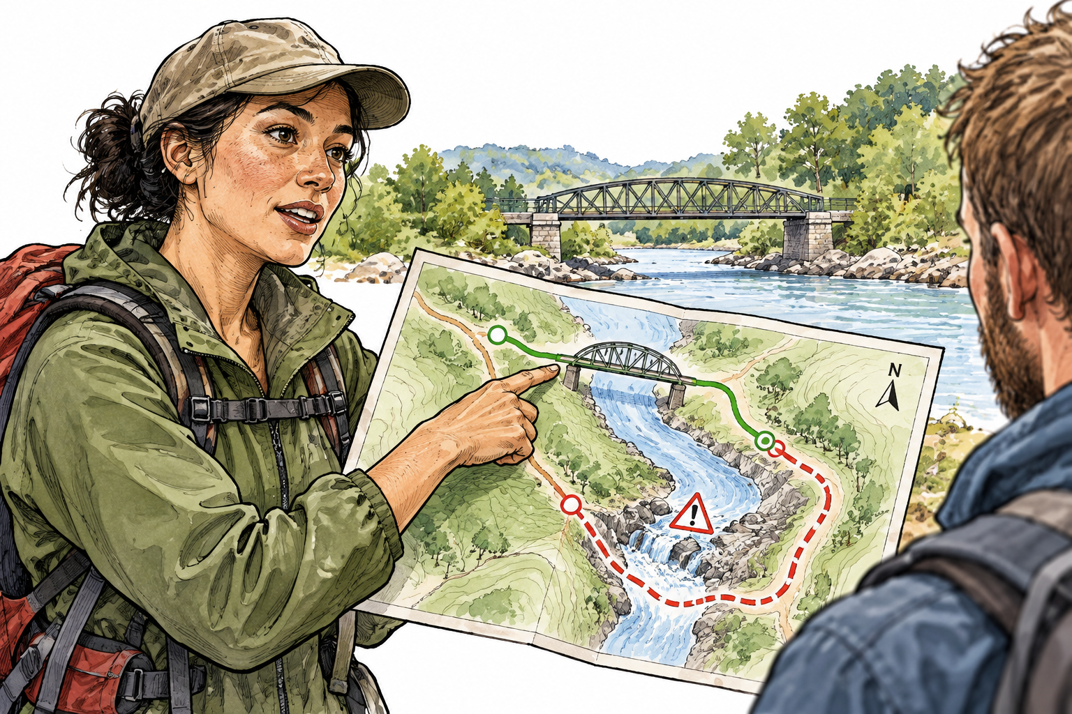 A planner explains choosing a bridge route with a map showing the shorter safe crossing, reasons behind a decision.