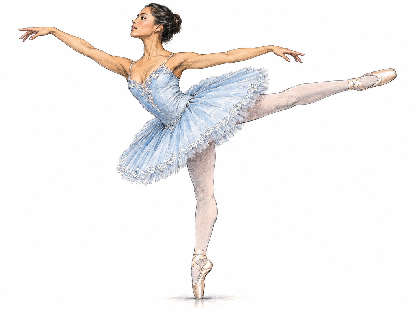 A female ballet dancer holds a clear classical arabesque en pointe, with ballet costume and pointe shoes making her profession immediately recognizable.
