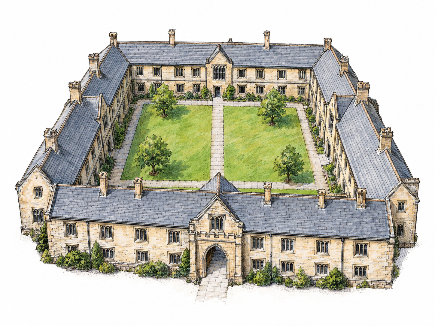 A compact elevated oblique view of one four-sided courtyard enclosed on all four sides by low connected college buildings.
