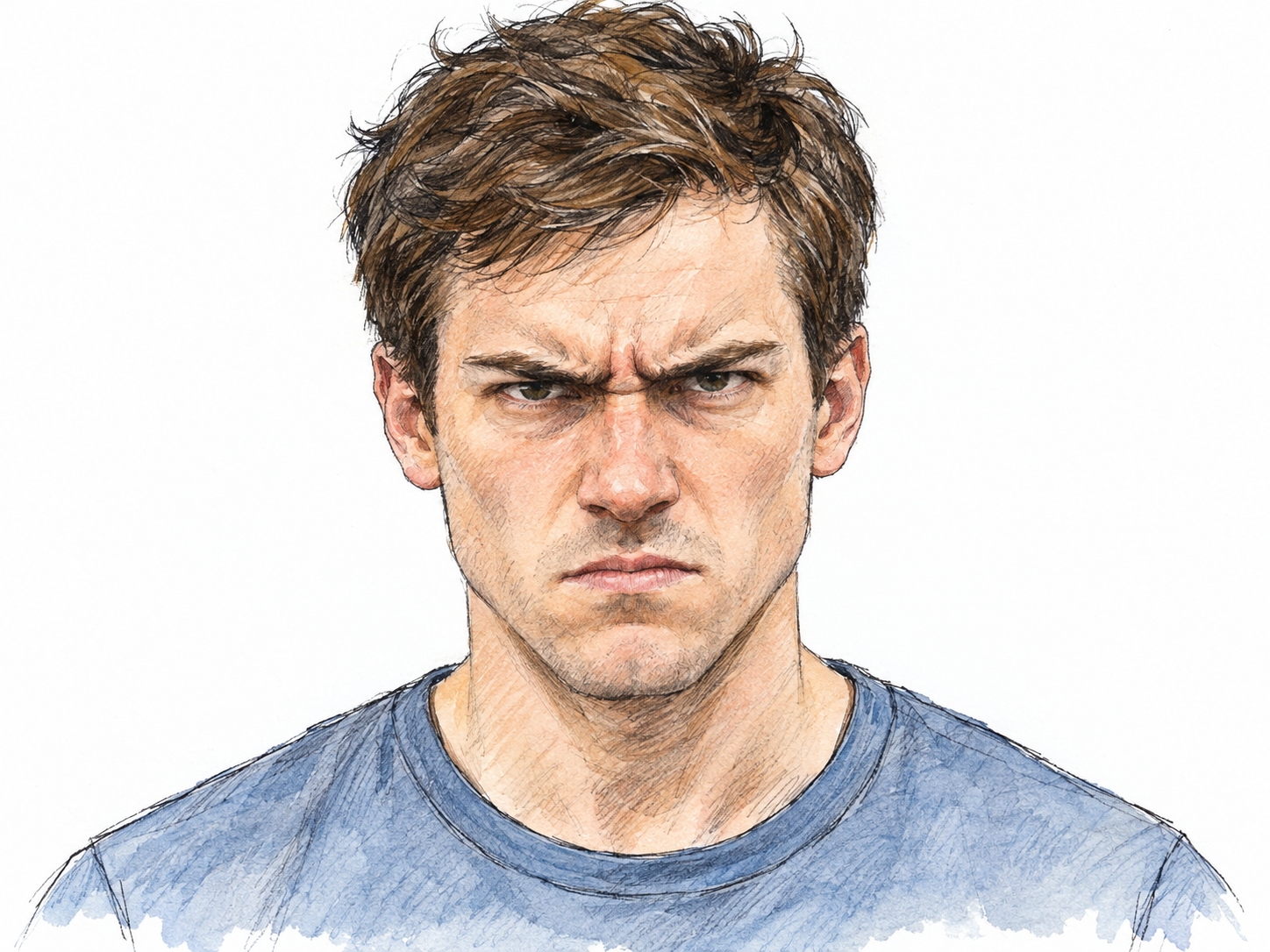 A close-up of a young adult white man scowling, with lowered, drawn-together eyebrows and a tight mouth making his displeasure immediately clear.