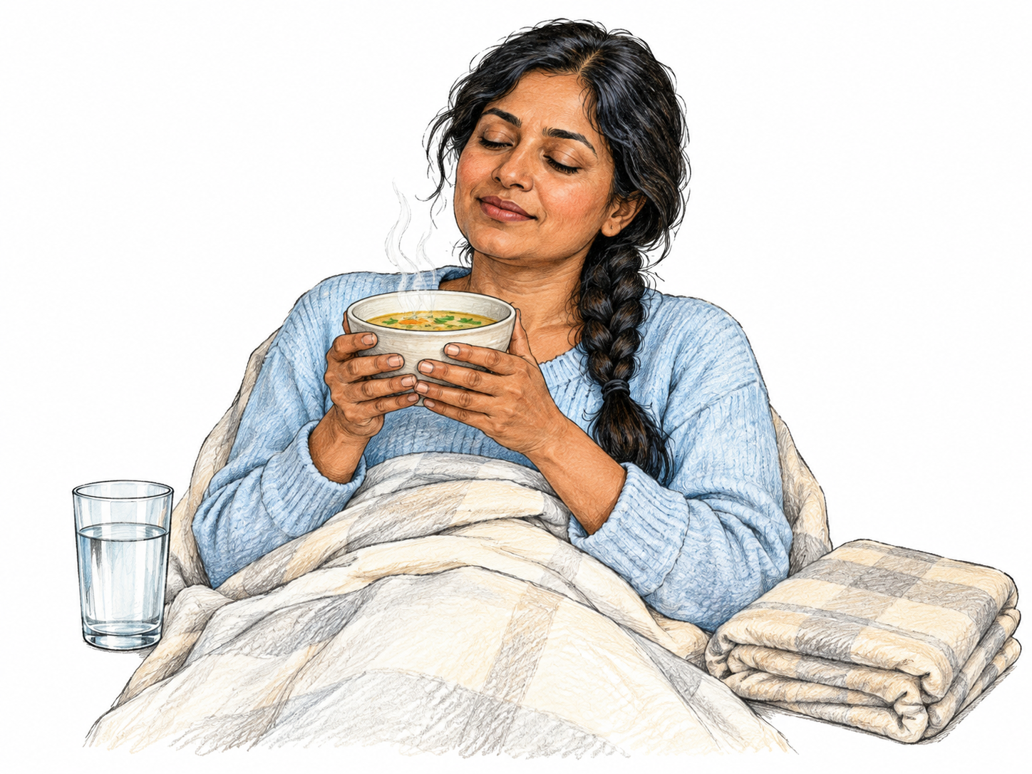 Tired adult drinks warm nourishing broth while resting under light blanket, visibly relaxed recovering expression; simple bowl, water and folded blanket, no hospital room or miraculous claims.