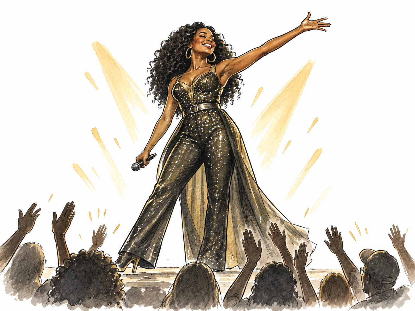 A confident Black adult performer in an elegant stage outfit impresses a cheering audience, figurative slay sense.