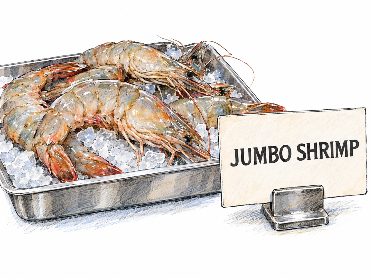 Depict an oxymoron through the familiar two-word phrase “JUMBO SHRIMP,” intrinsically printed on a seafood-counter product card beside the shrimp it names.