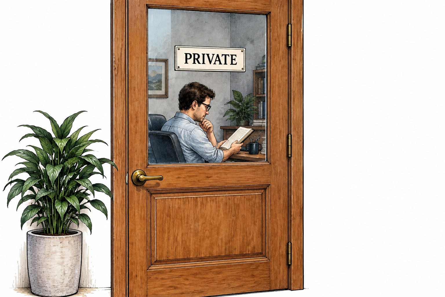 Closed office door with clear PRIVATE sign, person inside reads alone.
