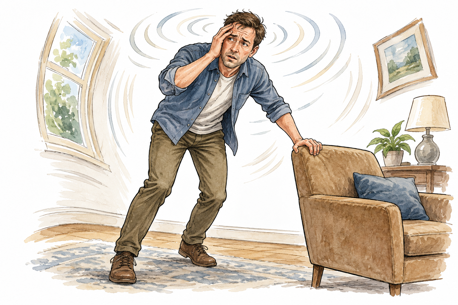 White adult steadies themself against chair as room seems to swirl in subtle curved motion lines, dizziness without injury.