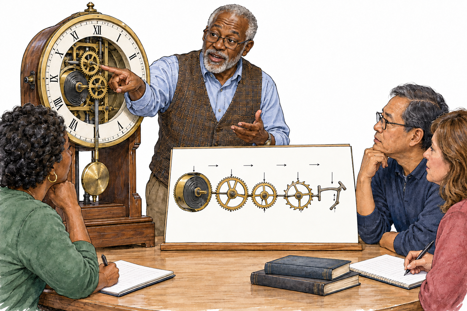Older Black teacher explains a mechanical clock in detail to adult students, points to sequential gears and clear small diagram.
