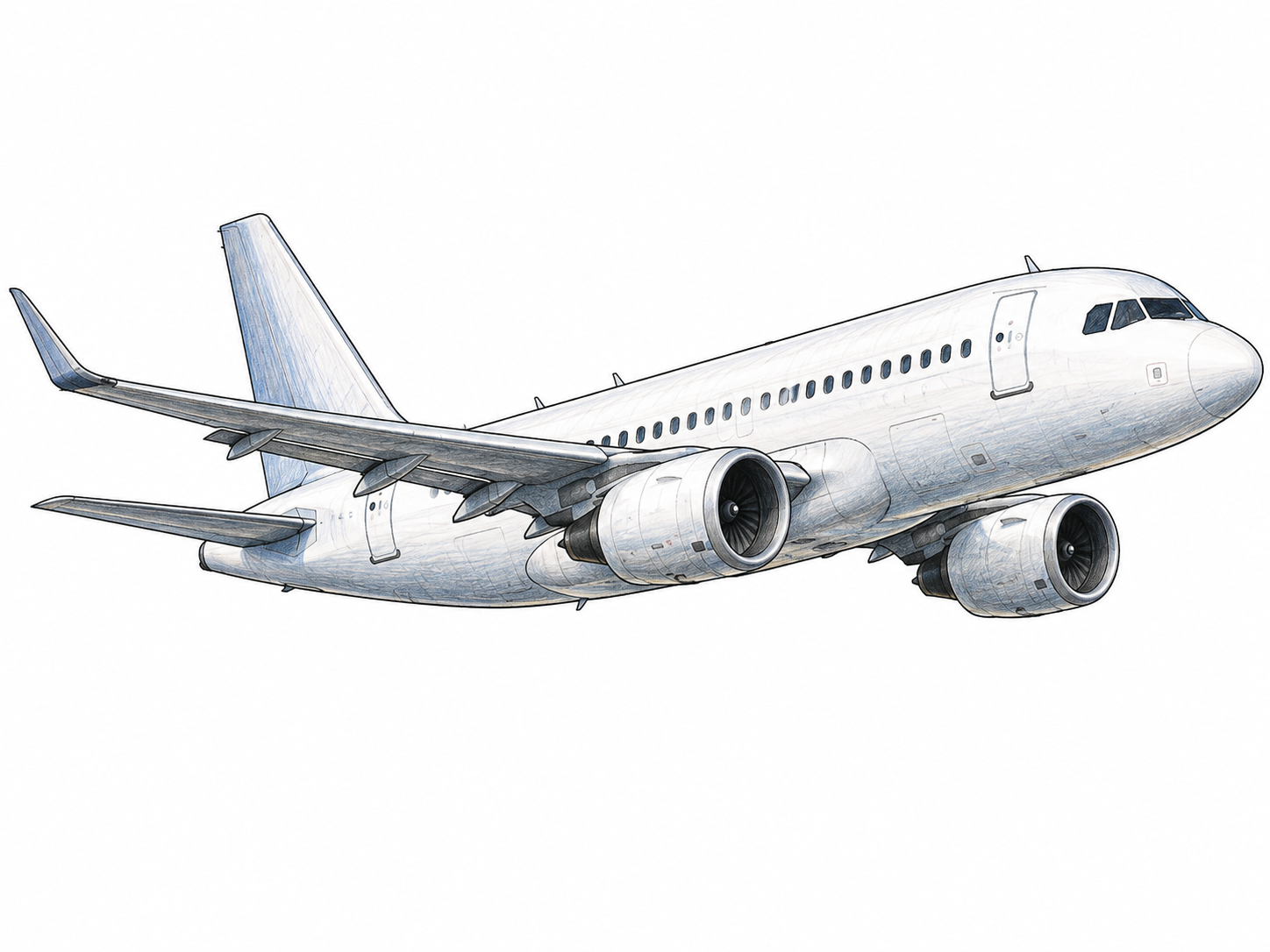 Passenger airplane in clean side-three-quarter view with wings, tail and two visible jet engines, airborne orientation with no landing runway; no logos or sky scenery.