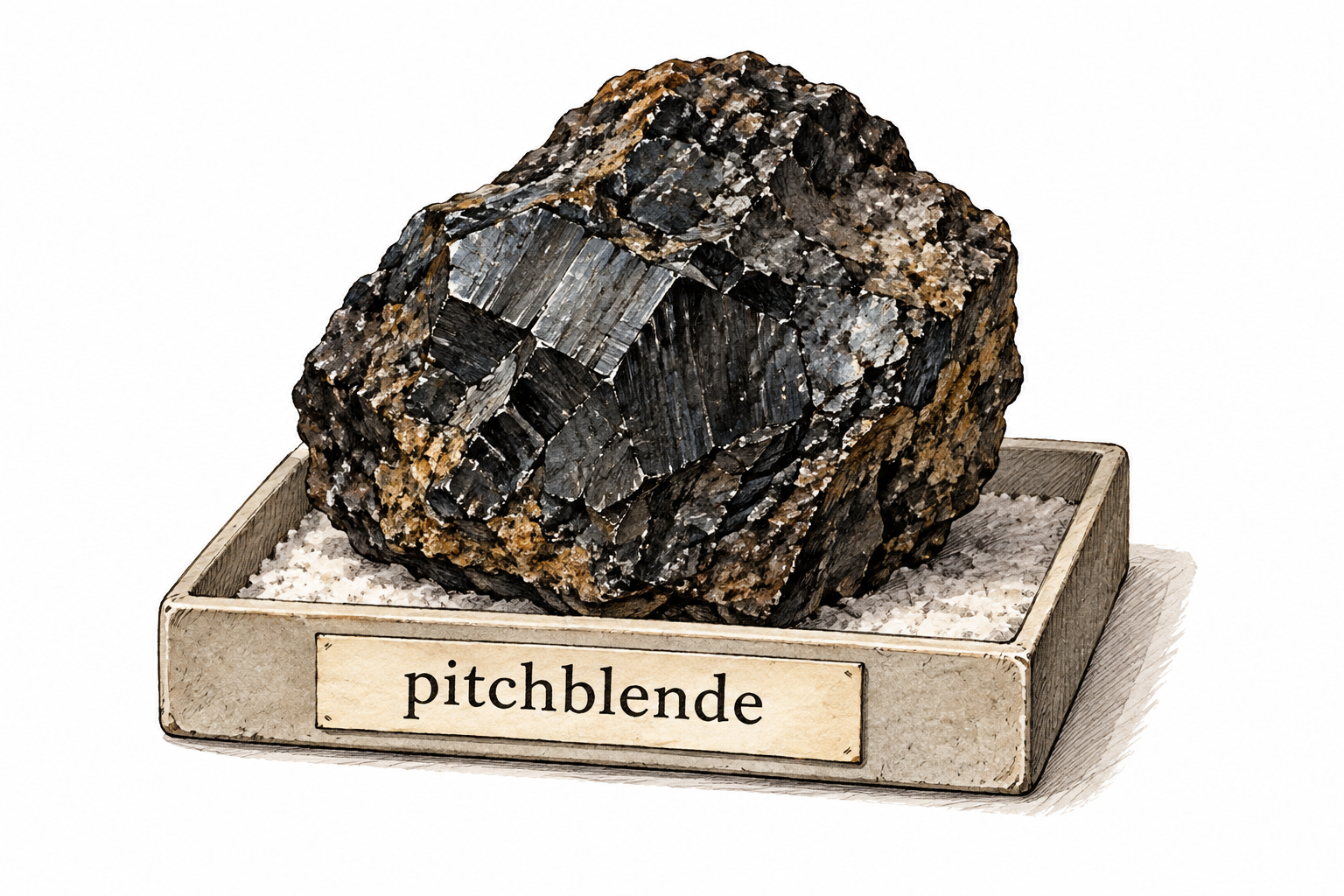 A dark heavy pitchblende mineral specimen on a labeled geology tray, no radioactive glow or unsafe handling.
