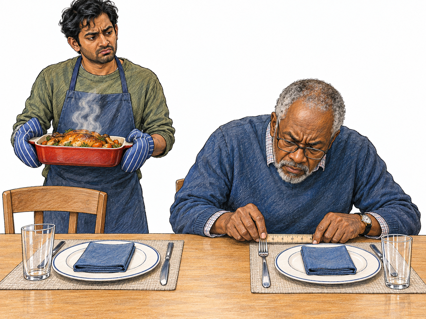An older man painstakingly uses a ruler to align forks at an already immaculate dining table, concentrating on a barely misplaced fork while a younger man waits with a hot serving dish.