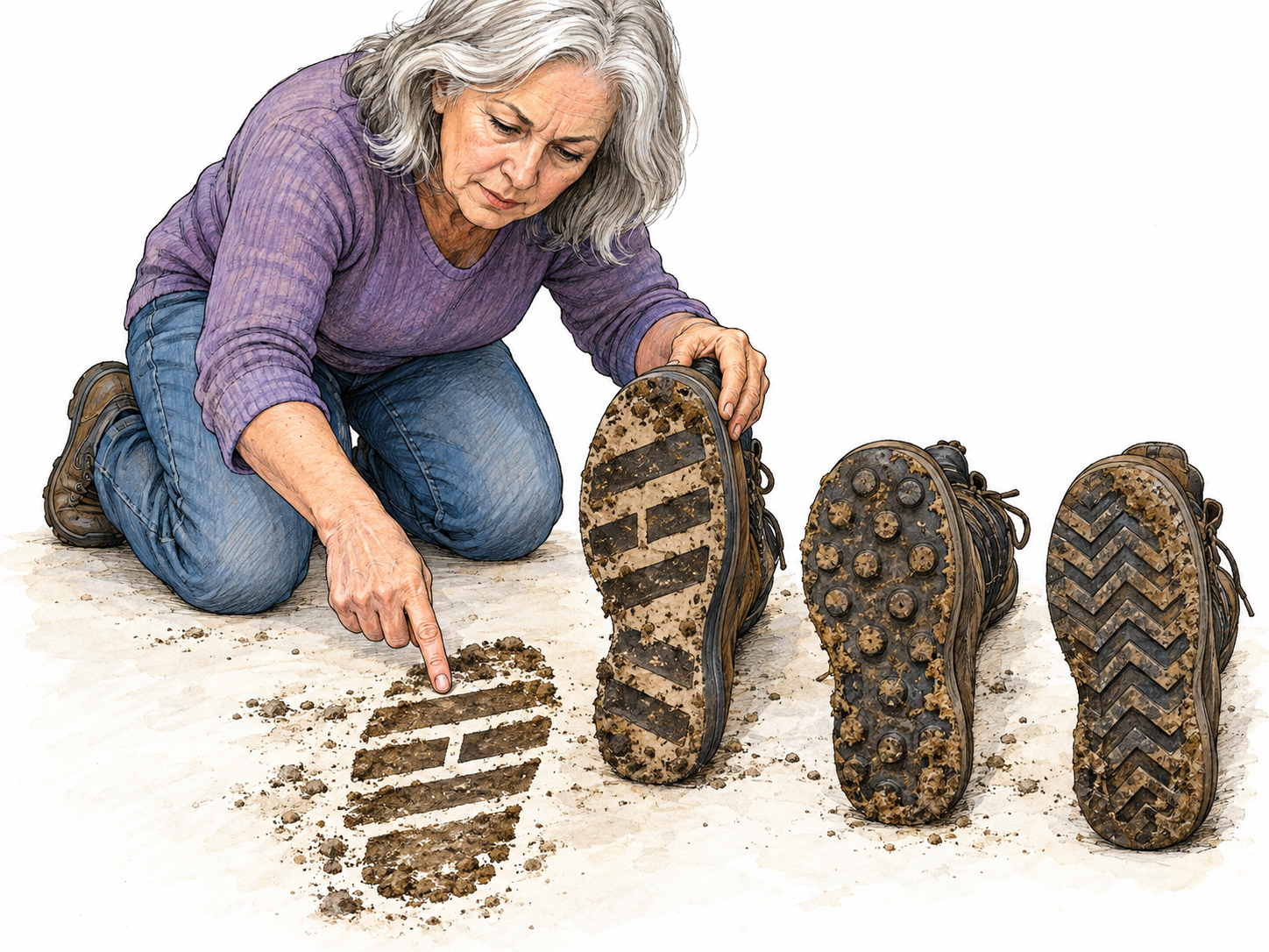 An older woman identifies which of three boots made a muddy footprint by comparing its distinctive tread with the soles.