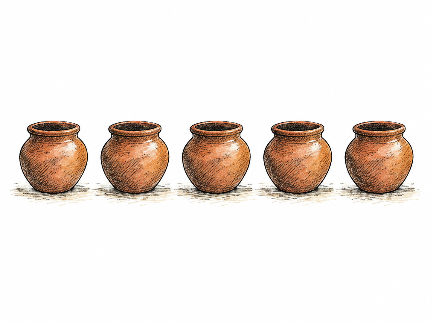 Five identical small clay pots evenly spaced in one straight row, consistent repeated arrangement, no text or time symbols.
