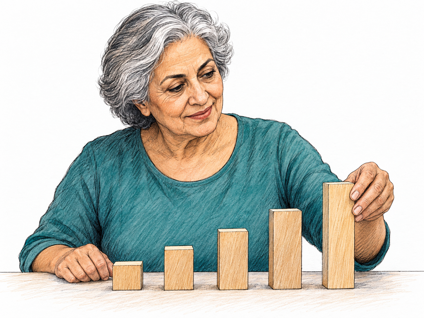 An older woman places the last of several plain wooden blocks into a straight row ordered from shortest to tallest, with the placement action and height progression clearly visible.