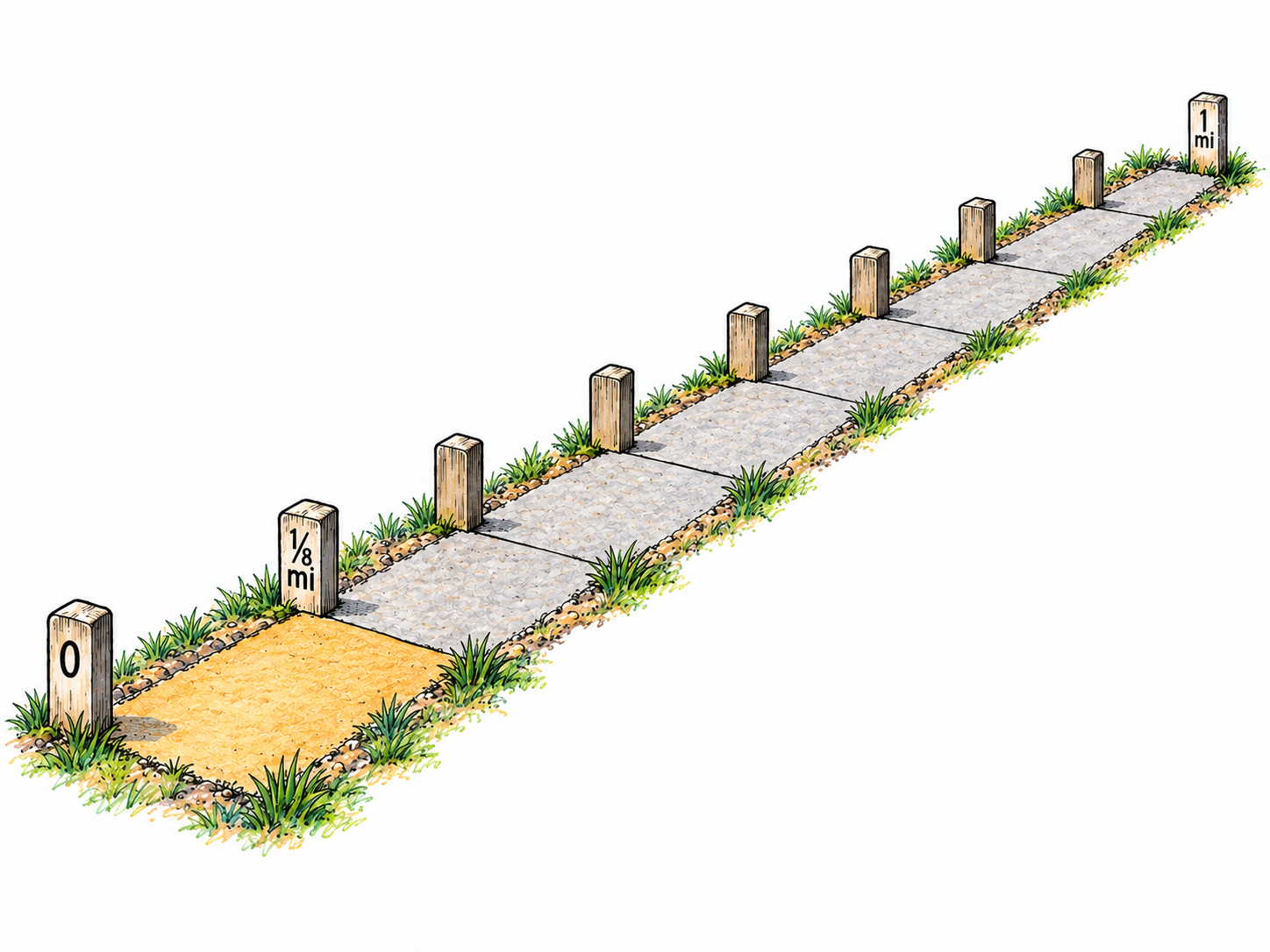 A measured mile of straight path divided into eight equal stretches by distance posts, with the first stretch visually emphasized between markers reading “0” and “⅛ mi.” The far endpoint reads “1 mi.”.