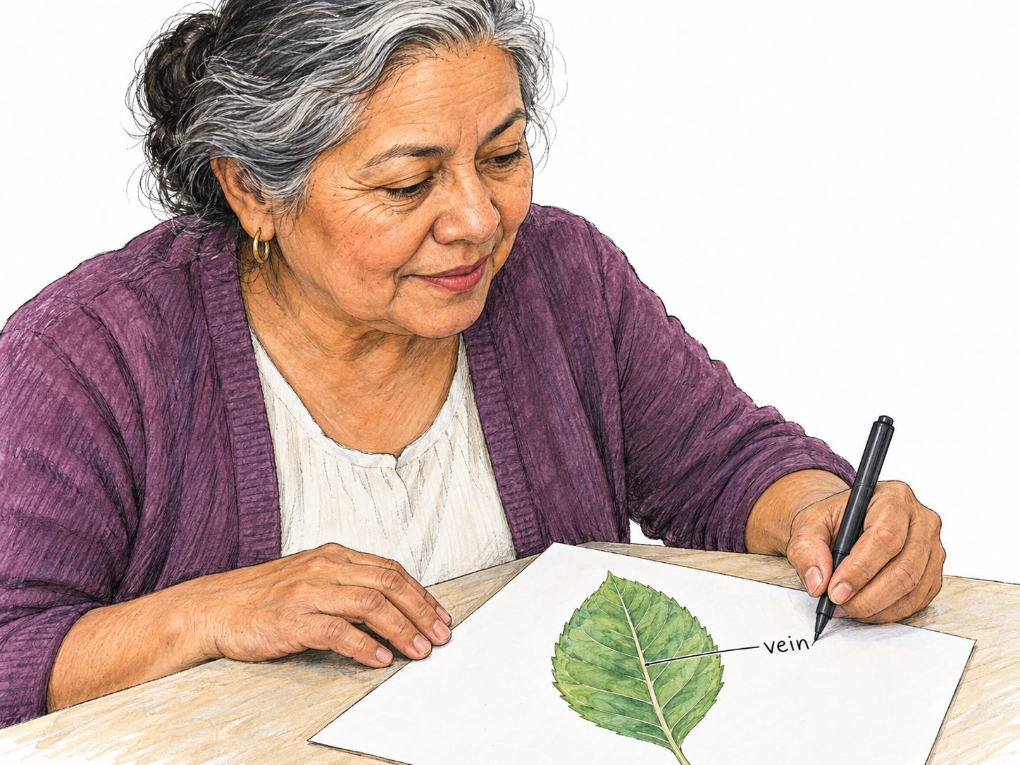 An older Latino woman annotates a printed leaf illustration, adding a short explanatory label in the margin with a leader line pointing to a leaf vein.