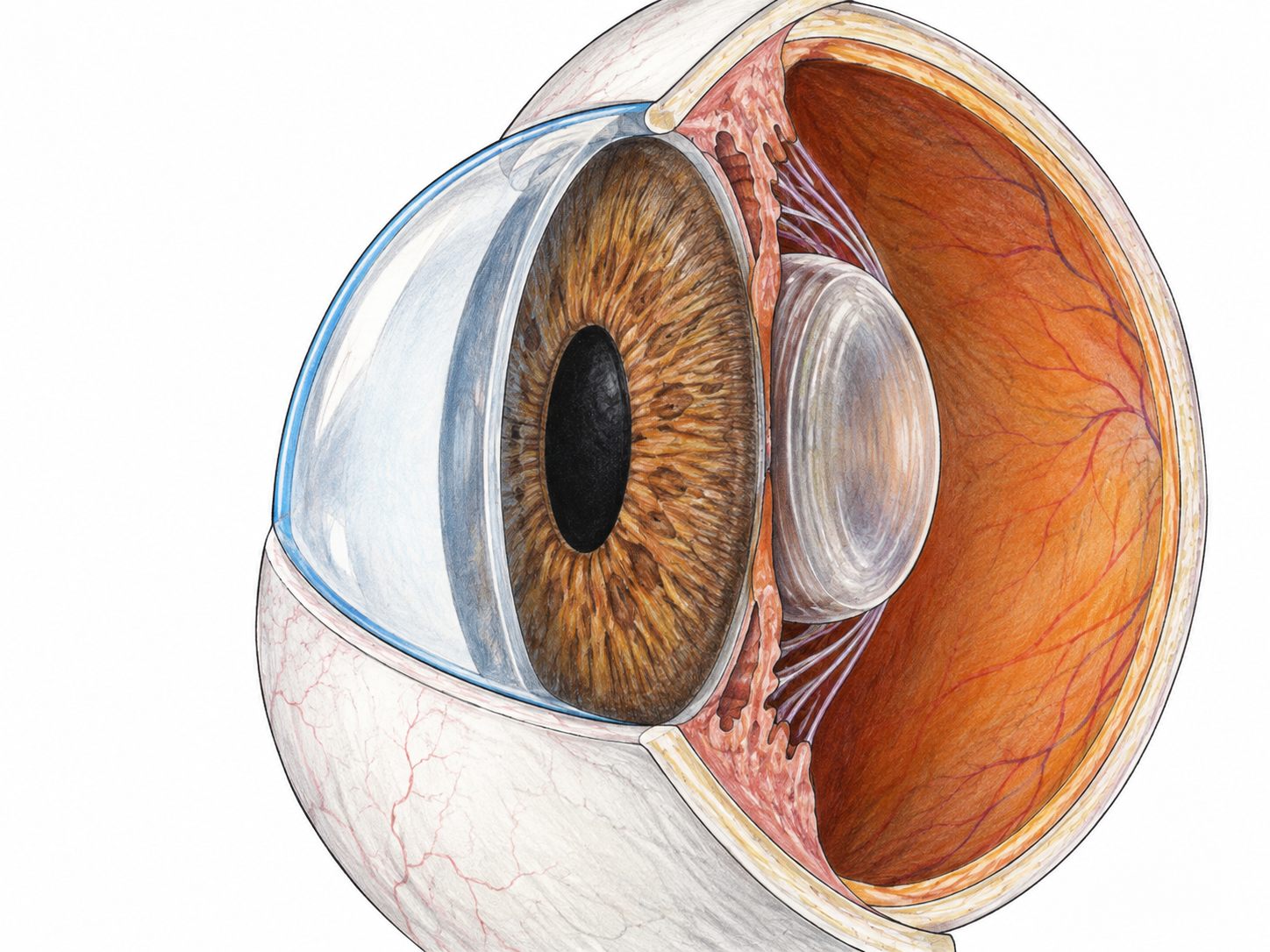 Accurate oblique cutaway of front of human eyeball: clear convex CORNEA outer dome visibly continuous with white sclera and positioned in front of brown iris and black pupil, iris behind dome separated by anterior chamber, small clear lens farther behind iris.