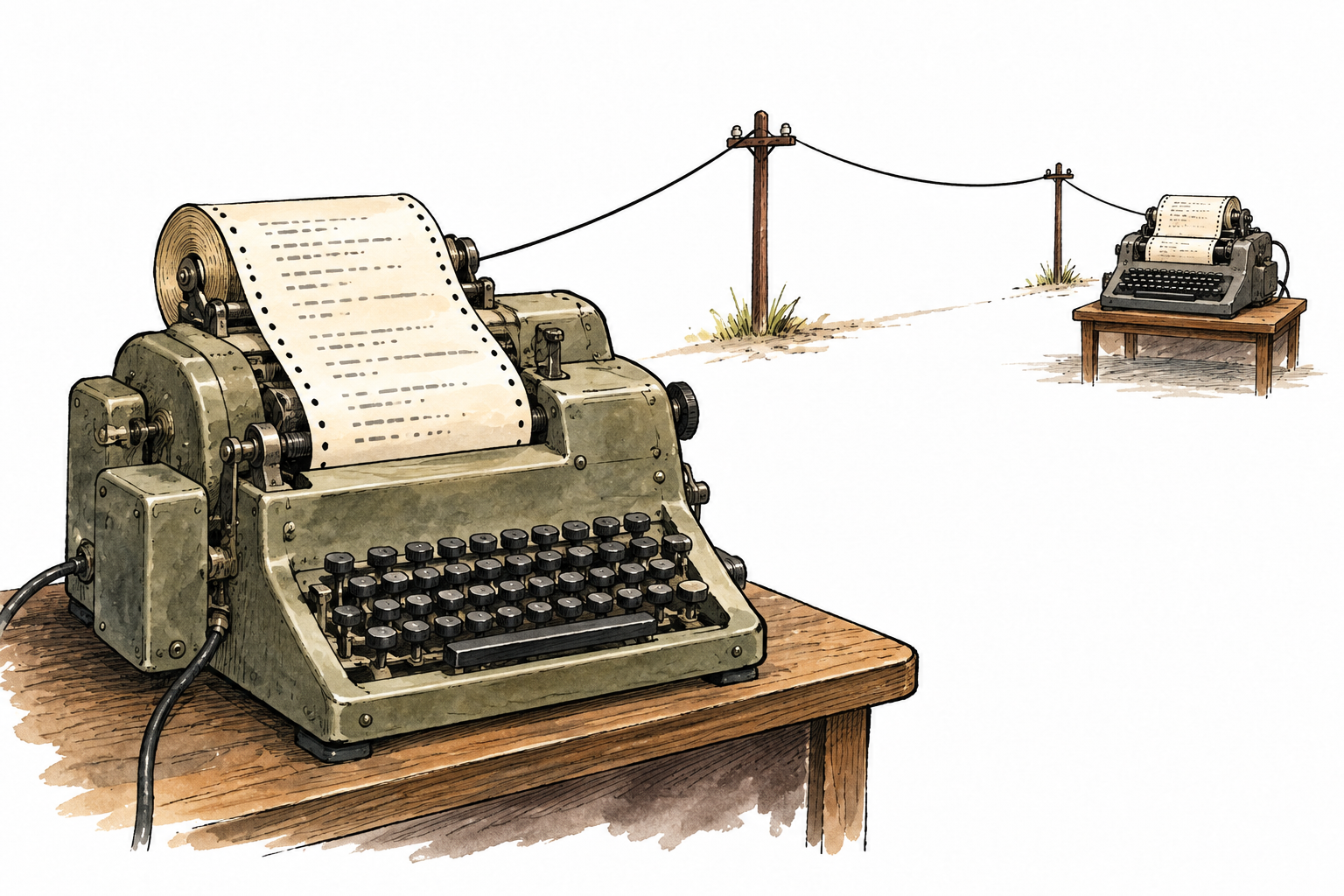 Period-accurate mid-20th-century telex machine with keyboard and continuous paper roll, paired distant machine indicated by simple connecting line, paper only abstract line marks, no readable text.