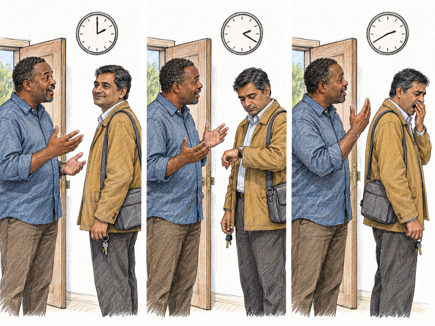 An unchanging, animated talker holds up a doorway conversation while his listener becomes visibly bored and increasingly intent on leaving, shown in a compact three-moment sequence.