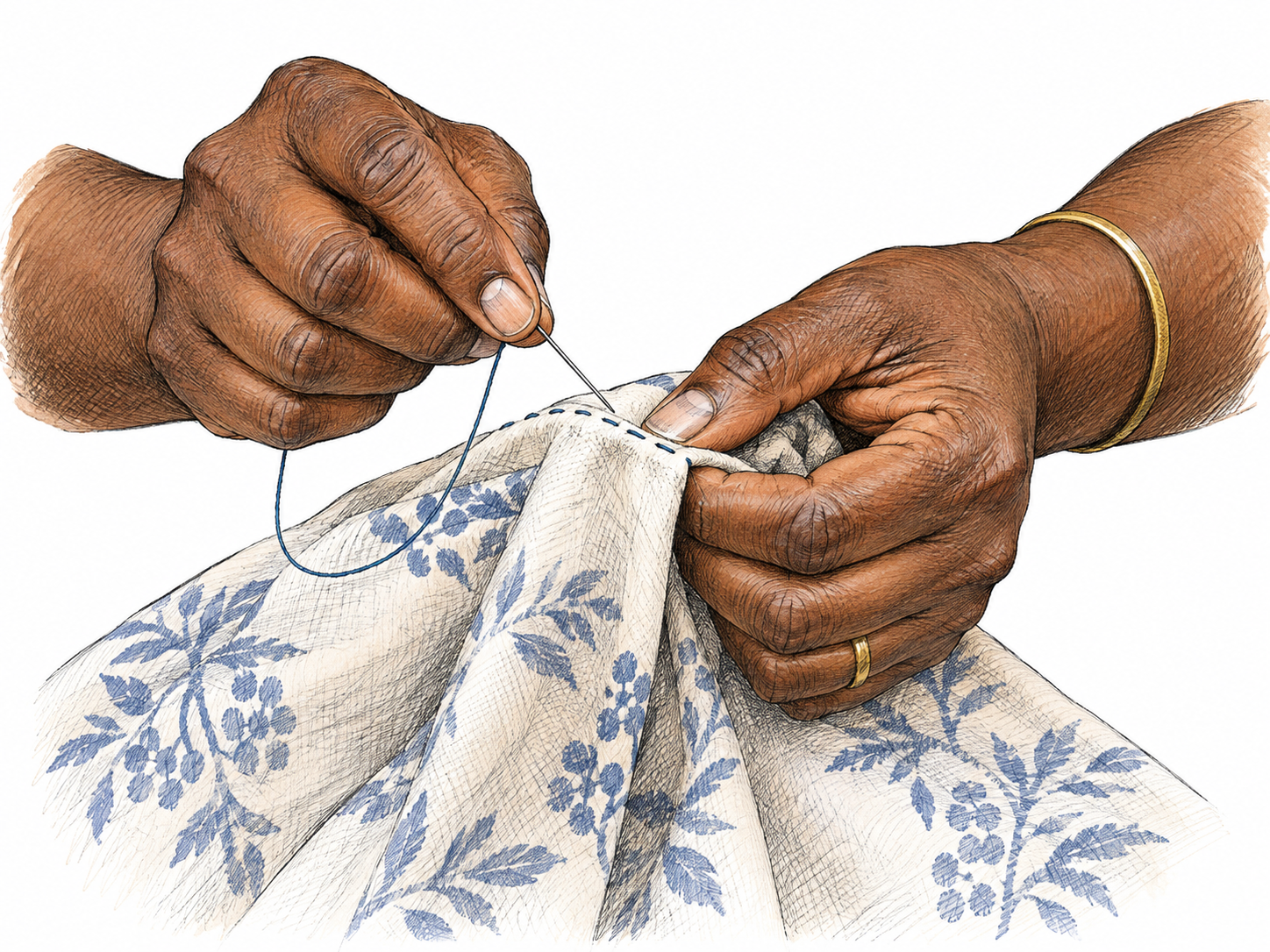 Close view of hands sewing a cloth seam with needle and thread, stitches actively made by hand, no sewing machine.