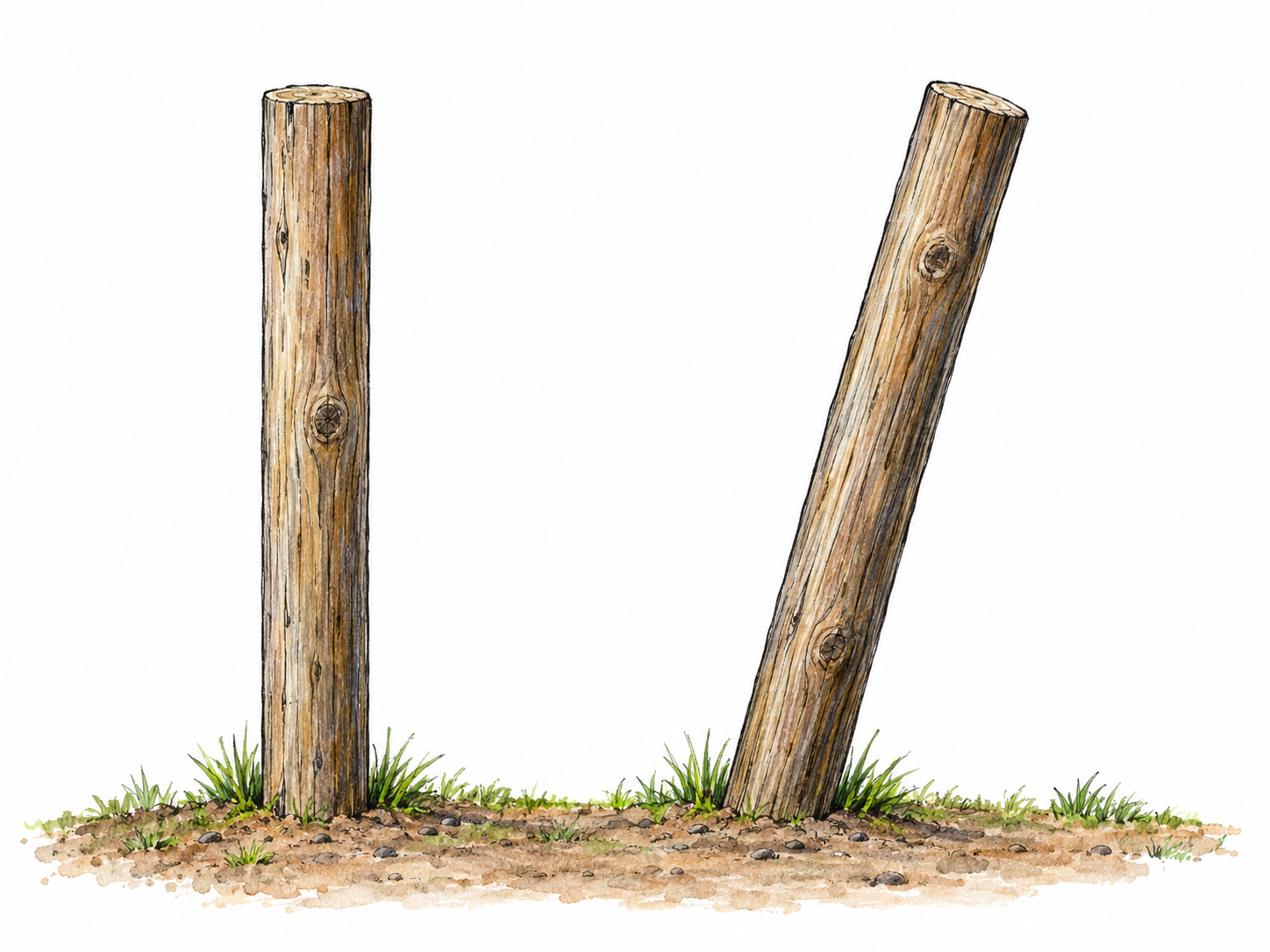 A plain wooden post rises diagonally from level ground beside an upright post, making its oblique, slanting orientation immediately visible.