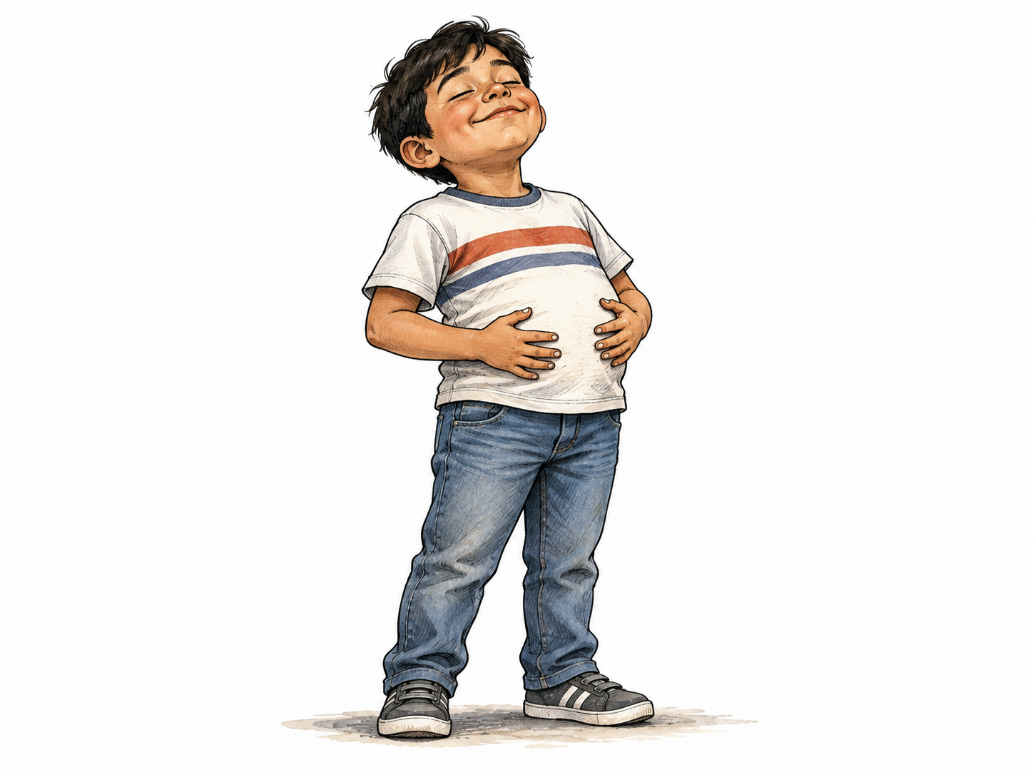 Fully clothed child rests both hands gently on round belly after a meal, informal tummy sense, warm ordinary pose.