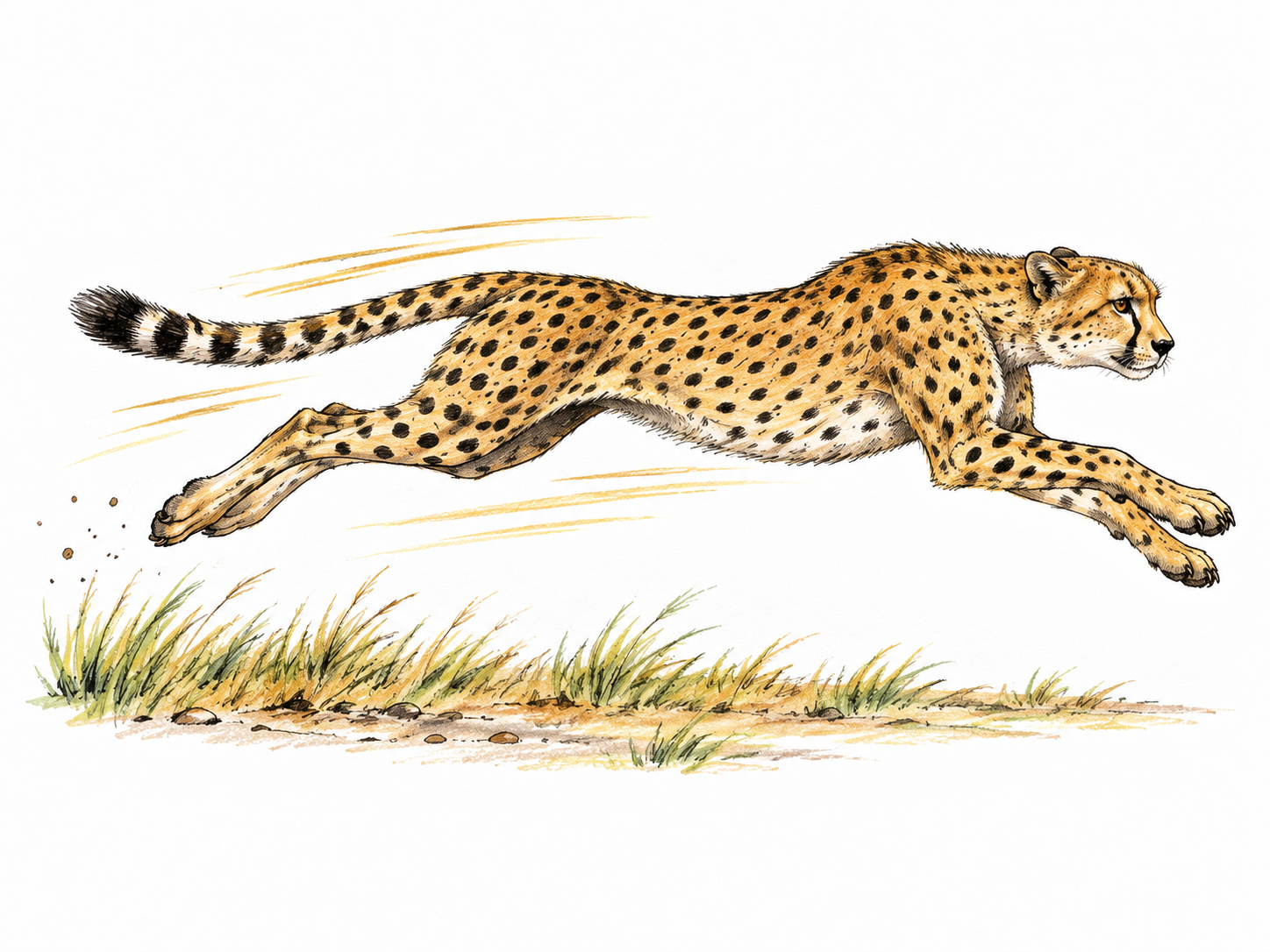 A cheetah running at high speed, body fully stretched in a plausible stride over a small grassland patch, with a few expressive pen motion strokes.