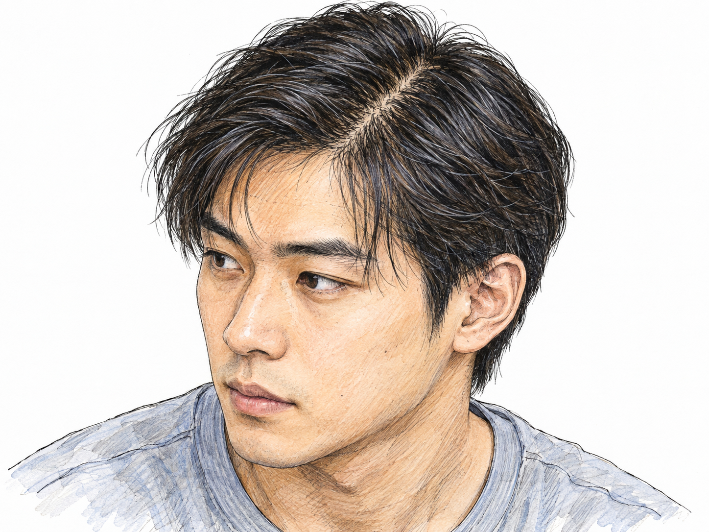Close-up of a young man's head with a clear natural part, visibly showing individual fine hairs emerging from the scalp and loose strands along the temple.