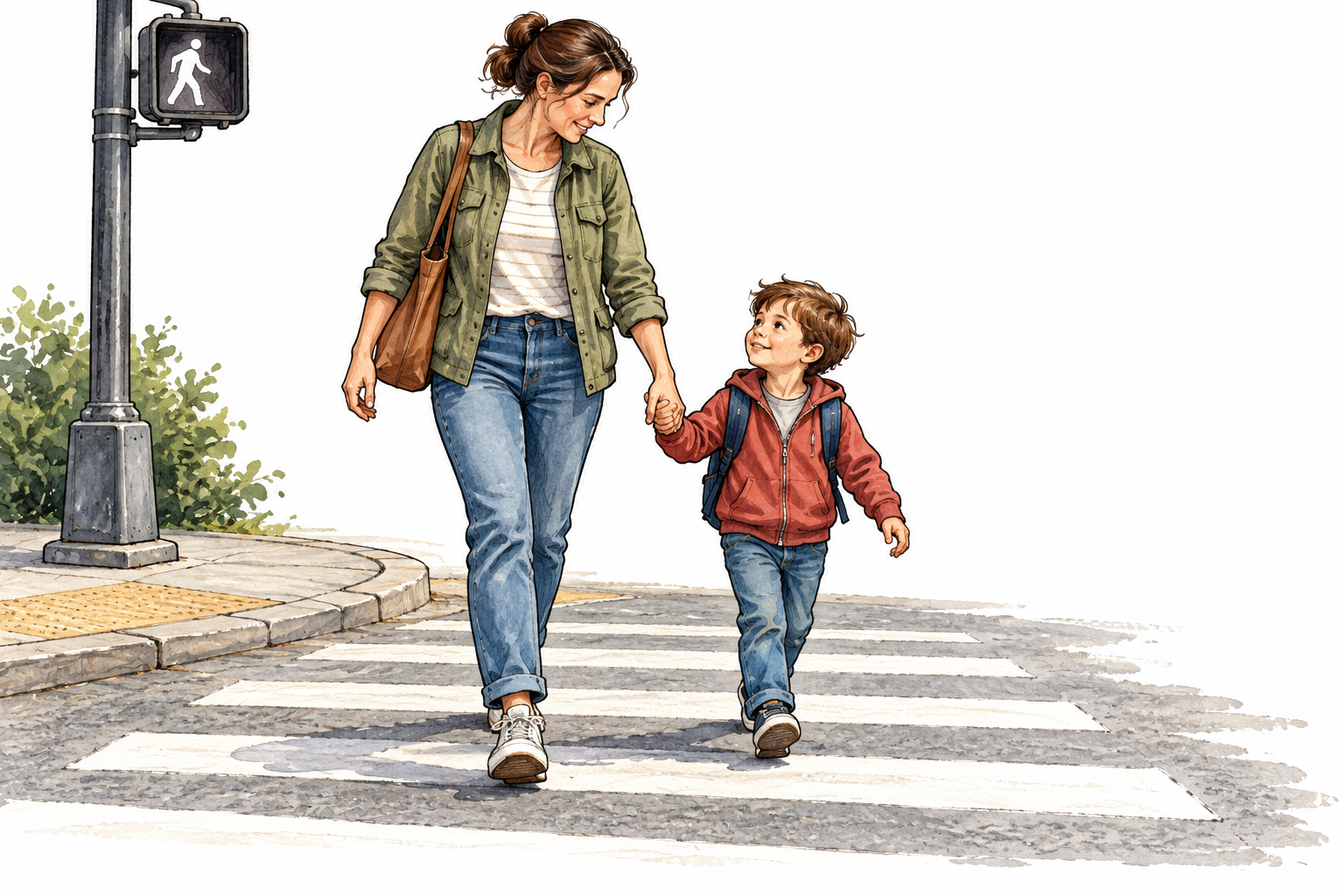 A caring adult guardian holding a child's hand while helping them safely cross a street, clear protection and responsibility, no readable signs.