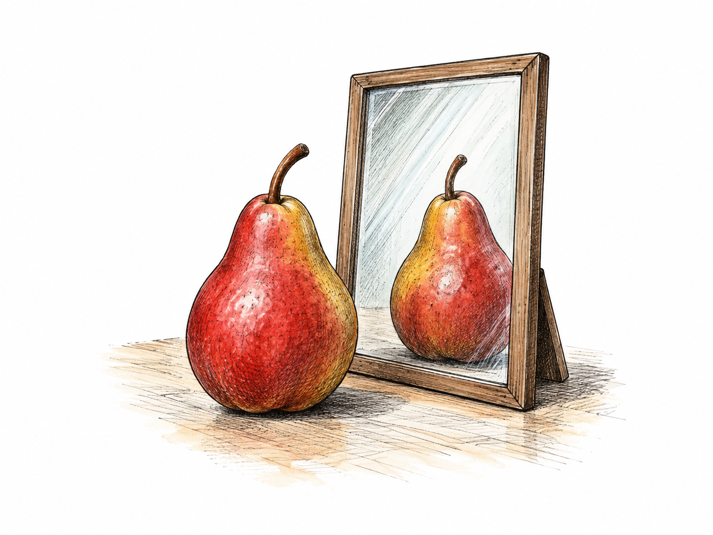 A red pear stands beside a vertical mirror; its clearly matching reflected pear appears at geometrically correct depth behind the mirror surface.