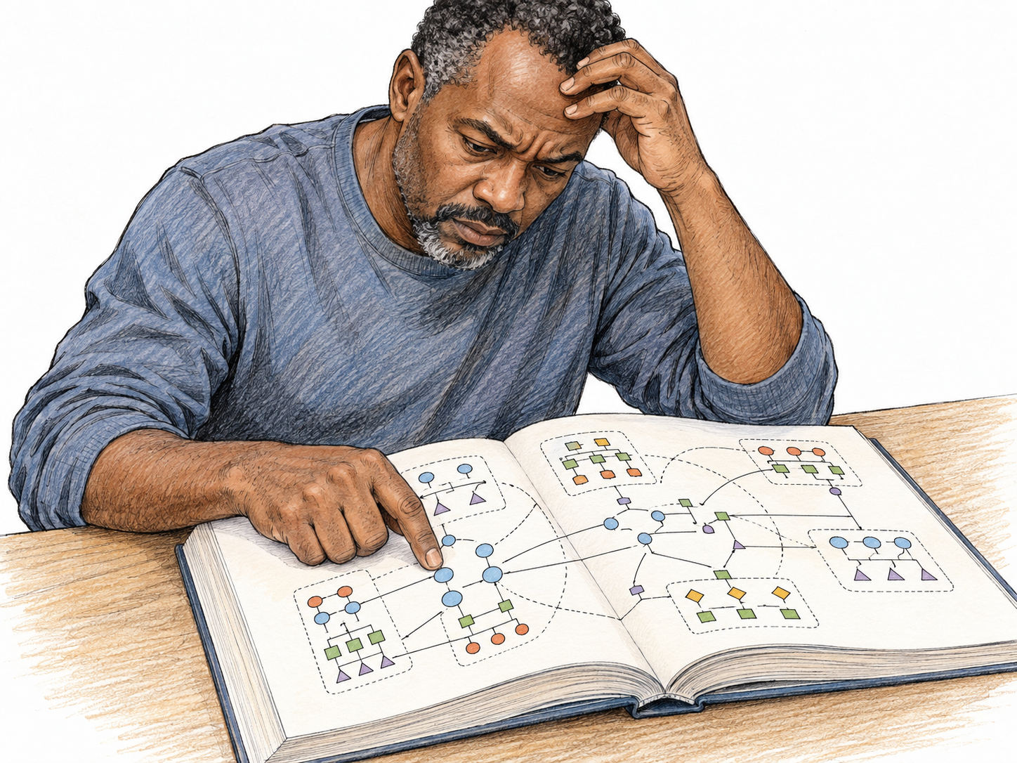 A thoughtful adult struggles to interpret an open technical book whose visible page contains a dense, abstract network of nested relationships.