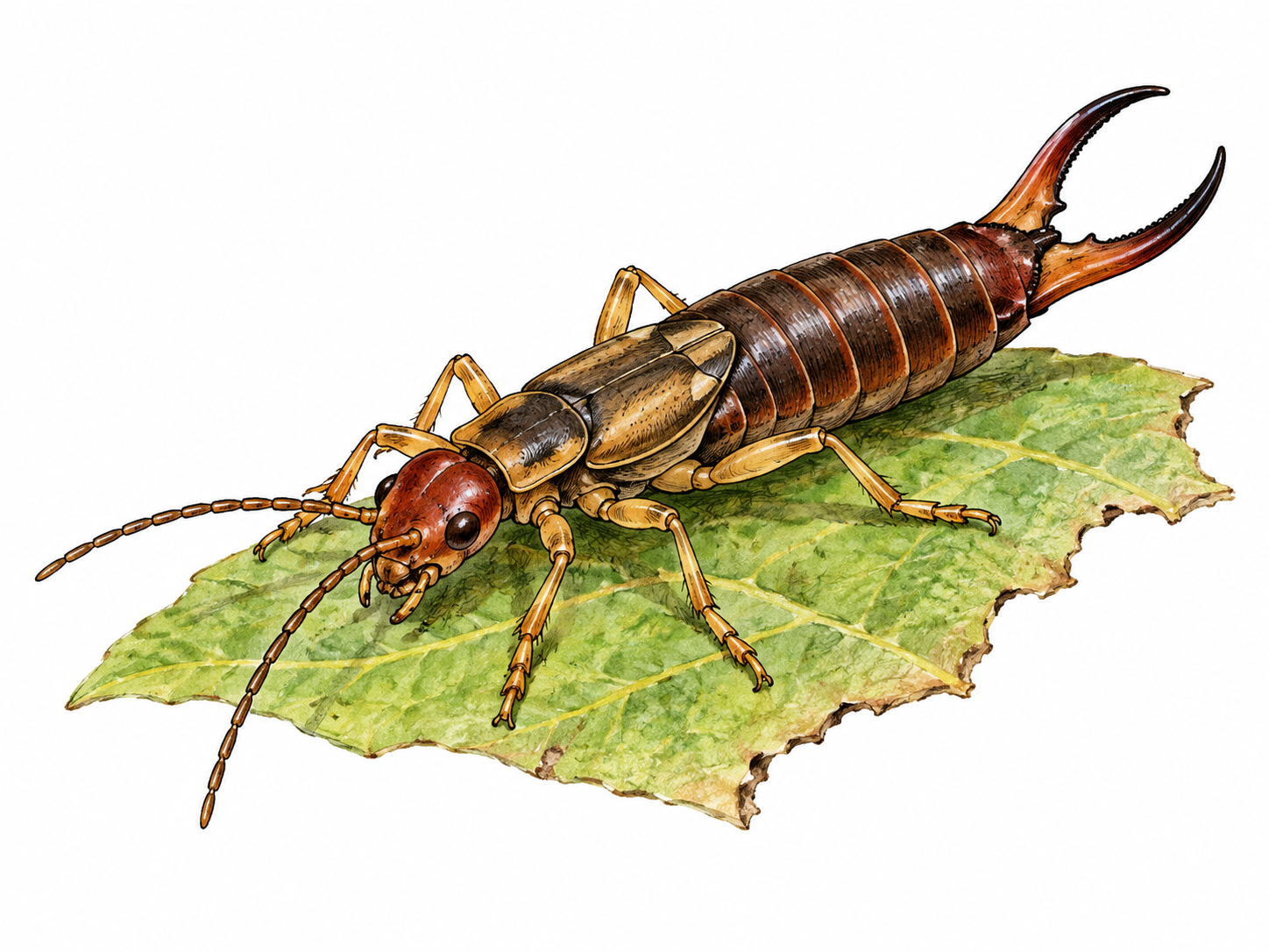 A single earwig on a small leaf fragment, showing six legs, two antennae, elongated segmented body and terminal pincers; never entering an ear.