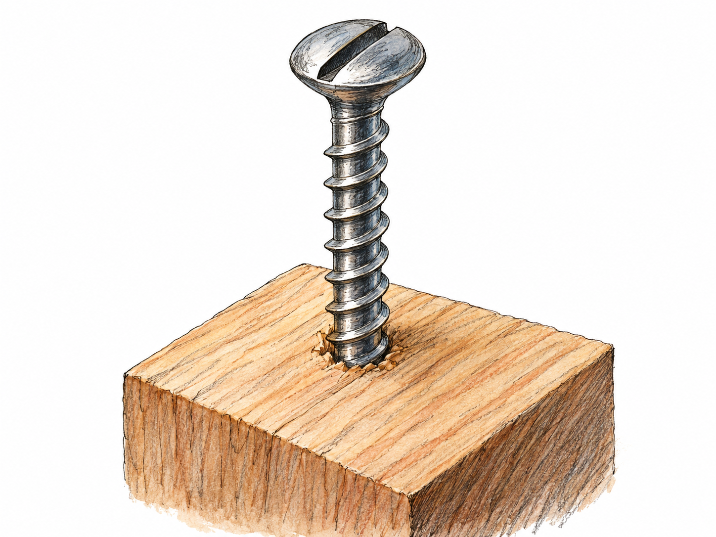 A single metal wood screw partly driven into a small wooden block, with its head and exposed helical thread clearly visible.